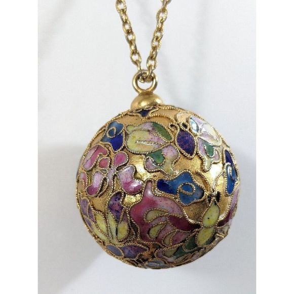 Large Globe Ball Butterfly Design Cloisonne Pendant Necklace - Picture 9 of 16